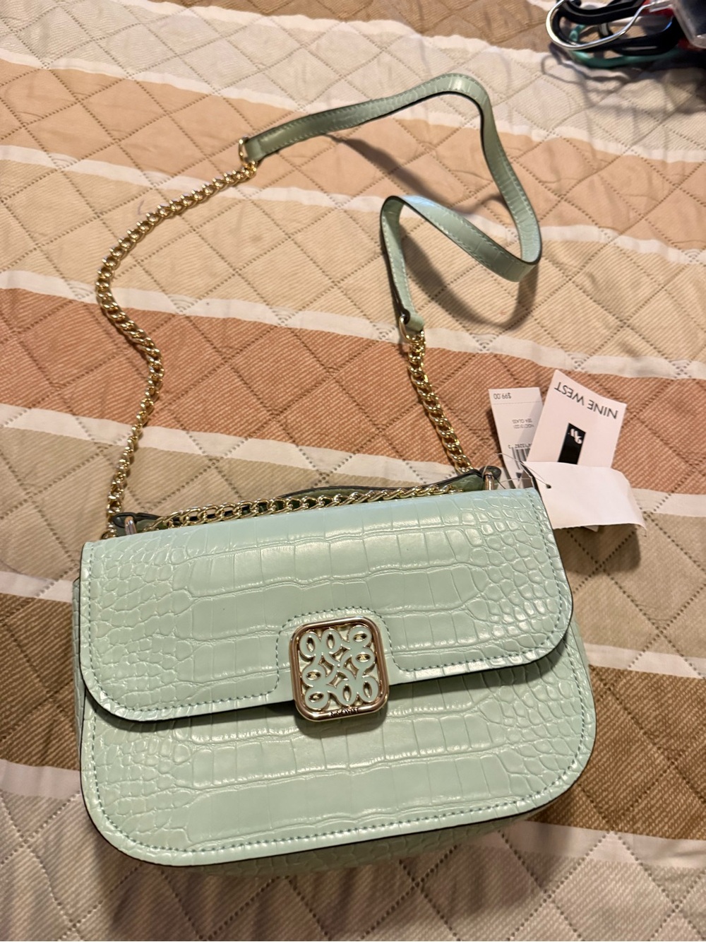 Nine West Mint Green Croc-Embossed Chain Shoulder Bag